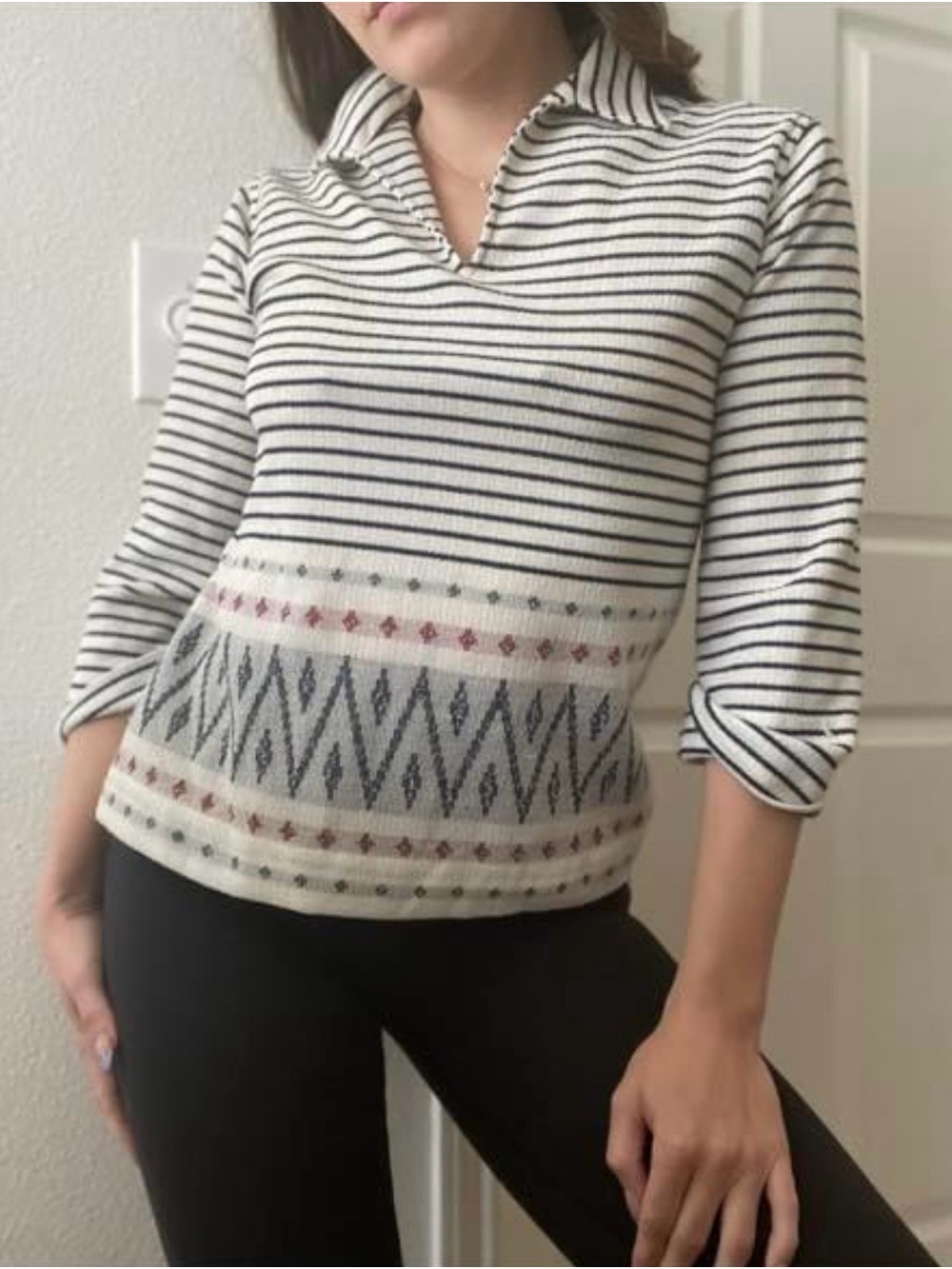 Sunny South 70’s Striped Knit Top in Cream and Navy size Medium